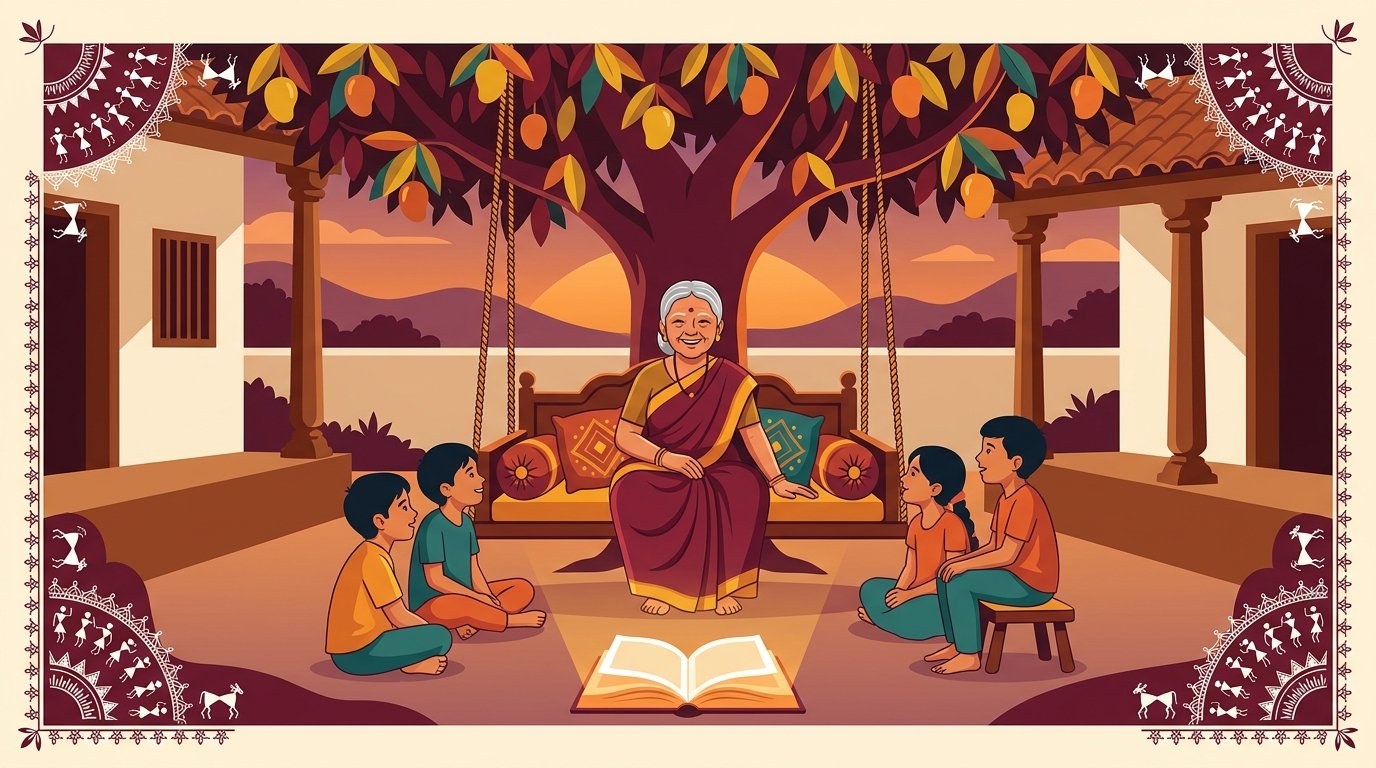 An elder narrates a Marathi folk tale to children under a mango tree, illustrating the tradition of oral storytelling in Maharashtra